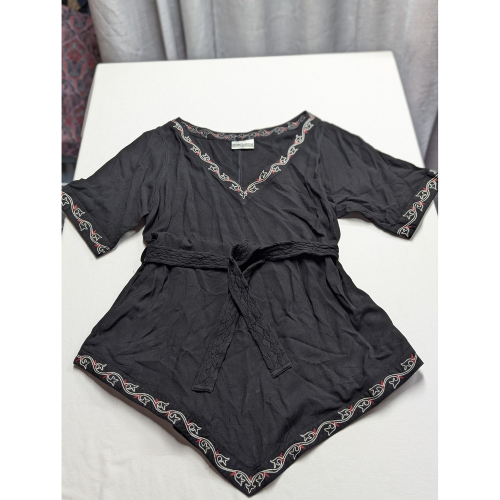 HolyClothing Black Embroidered Tunic Top Handkerchief Hem Tie Belt Large